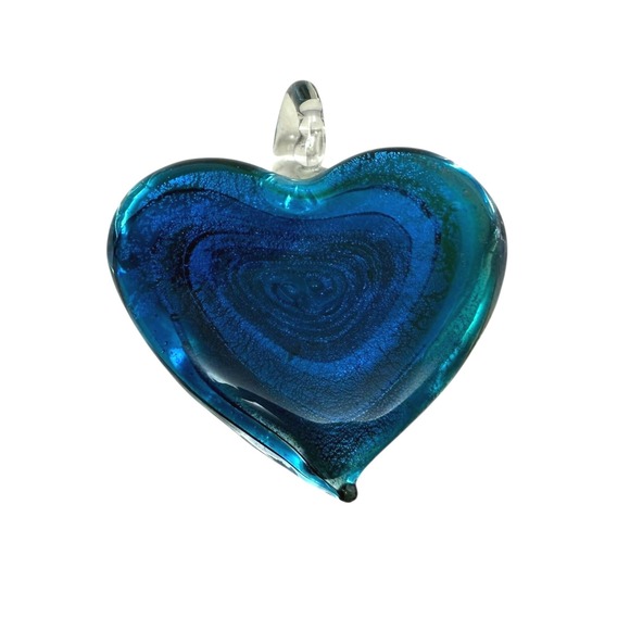 Murano Style Art Glass Heart Pendant Blue Gold Green Colorful Swirl Design 1.5in - Picture 5 of 9